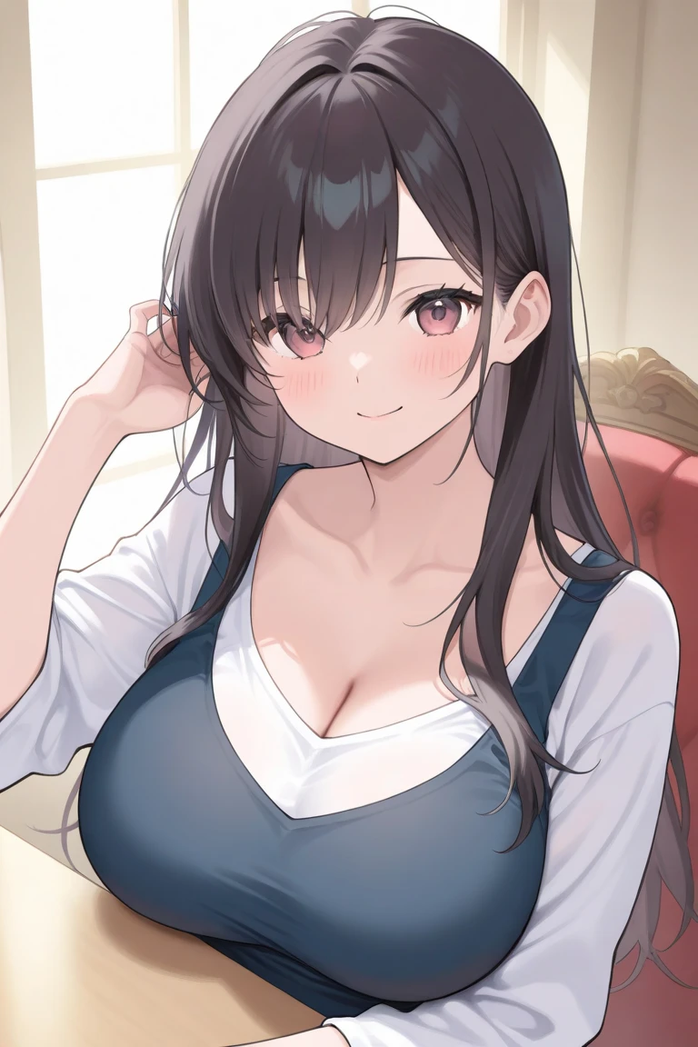 、head tilt、big breasts, Upper Body, Realistic, real person, (pale skin: 1.2), RAW photo, photorealistic, shiny skin, shiny hair、(40 year old woman with medium length hair) and (hime_cut) and (wavy hair) and (black hair) and (red eyes) , (white) and (off shoulder blouse) 、smile, The background is the living room at night、Alone、Are standing
