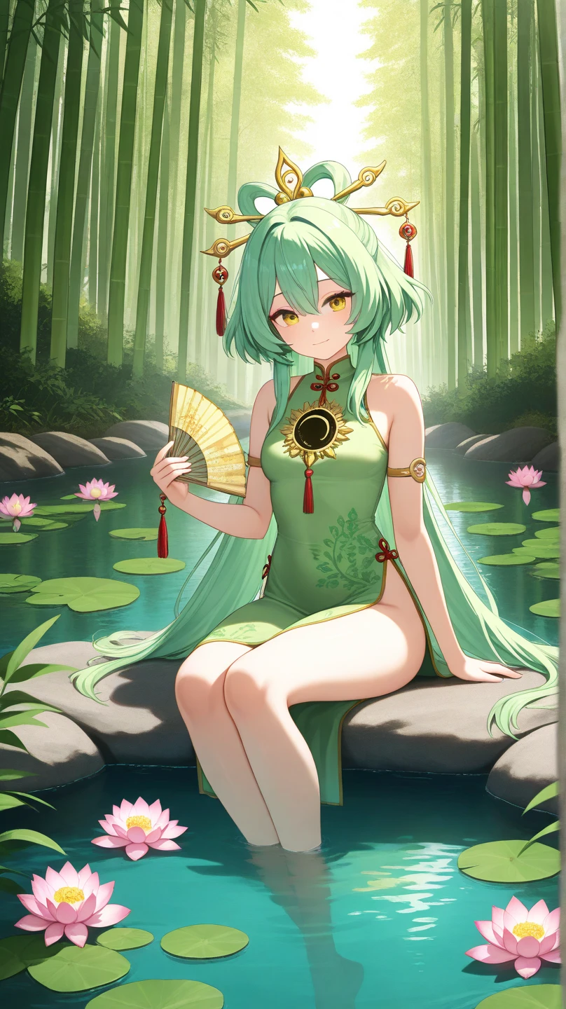 masterpiece、highest quality、High resolution、Very detailed、Medium wide shot、Mature Woman、Big Breasts、cute、smile、Laughing with mouth open、A pond with large floating lotus leaves、Jumping、Angle from below、Glasses、