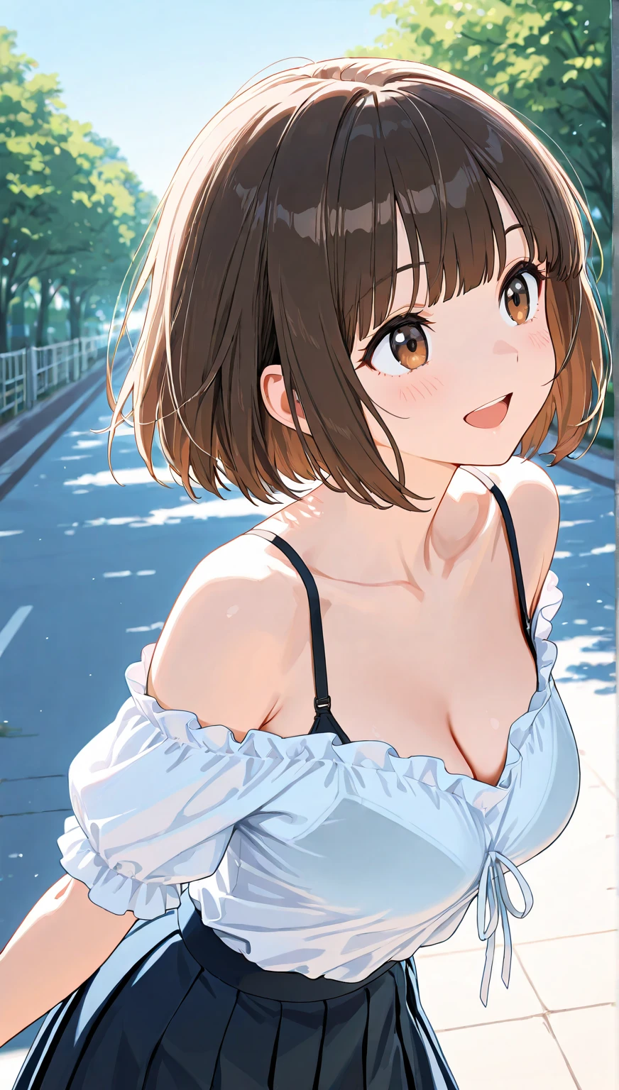 kittew, 1girl, <lora:Aoki_Vampire_Kamo:0.85>, sexy, young, skinny, from below, brown hair, short hair, red eyes, small breasts AND medium breasts, white dress, panties, stockings, jewerly, earrings, blush, outdoors, sky