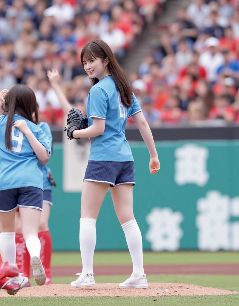 Create an original "yuru-chara" mascot character inspired by a cute athlete. The character should be a small, round figure dressed in a colorful sports uniform. It has big, enthusiastic eyes and a wide, confident smile. The athlete is holding a tiny sports equipment (e.g., a soccer ball, a basketball, a tennis racket). The character exudes a spirited and energetic personality, making it perfect for a sports event or team mascot. The background should be a simple sports field or stadium setting.