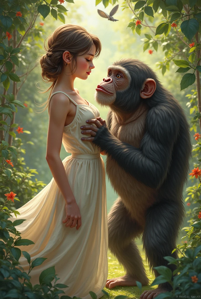 A monkey who walk on his two legs with a beautiful girl 