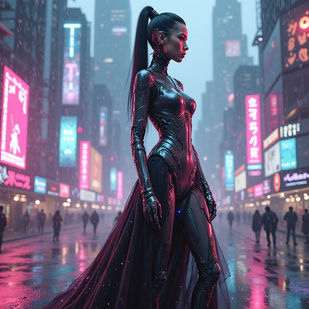 Techwear fashion beautiful girl, princess dress, neon, cyberpunk, futuristic <lora:princess_dress-1.0:0.8> . Futuristic, cyberpunk, urban, tactical, sleek, dark, highly detailed