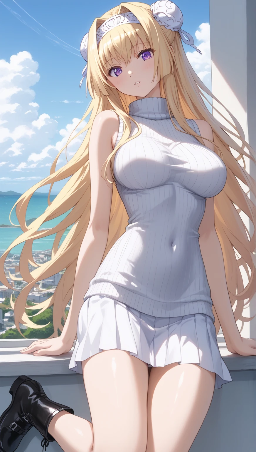 (masterpiece:1.3, Highest quality, Ultra-high resolution, Very detailed), (Realistic:1.1, photoRealistic:1.4), Beautiful illustrations, Perfect lighting,Written boundary depth, Beautiful detailsまでこだわった髪, Beautifully detailed face, Beautiful details, Beautiful clavicle, Beautiful body, Beautiful and juicy breasts, Beautiful thighs, Beautiful feet, View your viewers, 1 girl,Perfect Face, (Perfect Anatomy, Anatomically correct), Cute and symmetrical face、Baby Face、((Shiny long hair)),(Beautiful views),(Outdoor、Blurry cityscape),(かわいいsmile, smile)、Sexy Body、(masterpiece),(Highest quality:1.3),8k,Very clear,(Ultra-realistic), One Girl,Wide Shot,((Large Breasts)),Wide Hips,Beautiful feet, Captivating woman, (((Yellow Berry Short、White Dress1990s style、1980s style、Retro Style))),((Yellow Berry Short、White Dress、1990s style、1980s style、Retro Style)),Sexy Girls,((blue eyes))