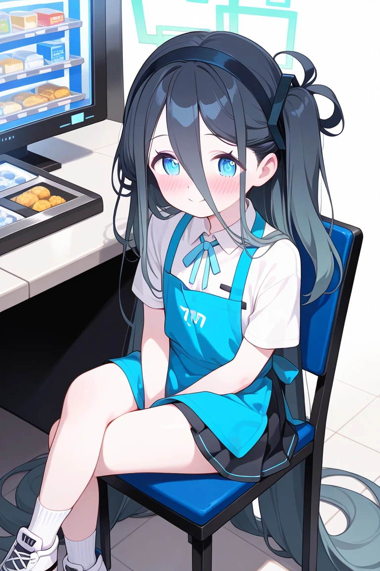 (\Da Gong Ren\),anger, One girl, Food, blue eyes, alone, blush, Long Hair, View Viewer, Foodie, Arms crossed, Black Hair, computer, choker, indoor, monitor, bangs, Mouth closed, Striped, Upper Body, Blue Hair, Food up, animal Food, keyboard \(computer\), V-shaped eyebrows