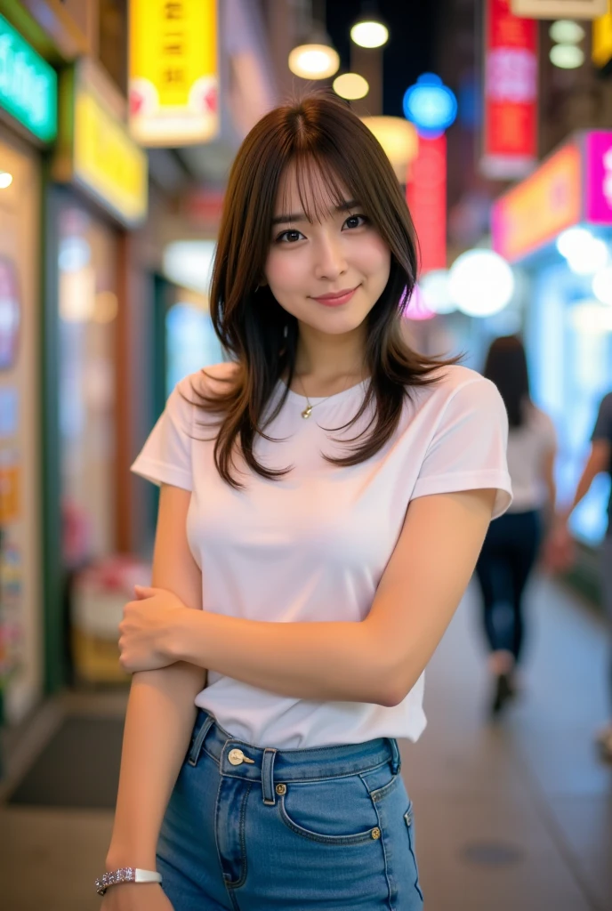 (masterpiece, best quality:1.1), (8k, raw photo, photo realistic:1.2, f22), (shiny skin), detailed skin,long pink hair,ribbon,detailed face, detailed eyes,smile,BREAK, real world, intricate details, smil, BREAK, 1girl, full body,(shortsleeve,cap,black),BREAK, (street,evening:1.4)