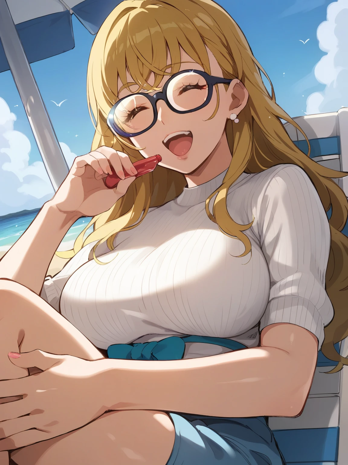score_9, score_8_up, score_7_up, sauce_Anime,nsfw,Fat Japanese woman . Dark long hair. bang bang down ,baby-like face. Black-rimmed glasses. laughing under a beach umbrella,Big breasts. I'm wearing a white knit sweater that's too big,glitter,fisheye lens:1.3,precure style, Depth of Subject ,