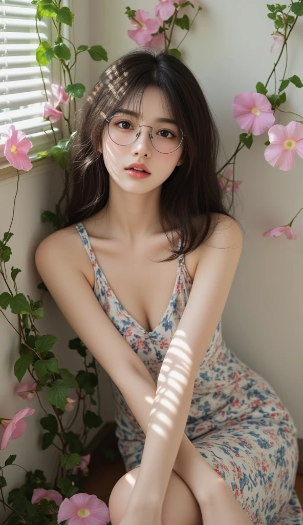 Masterpiece、highest quality、8k、Ultra HD、Ultra HDの写真、Japanese beauties in the shade、Surrounded by beautiful roses、 Beautiful white skin、Wearing a white lace dress、Beautiful long black straight hair、Beautiful Hazel Eyes、Always wears glasses、Full body portrait、In the background is a beautiful garden with roses in full bloom、Extremely flat chest、Very small breasts、Small breasts