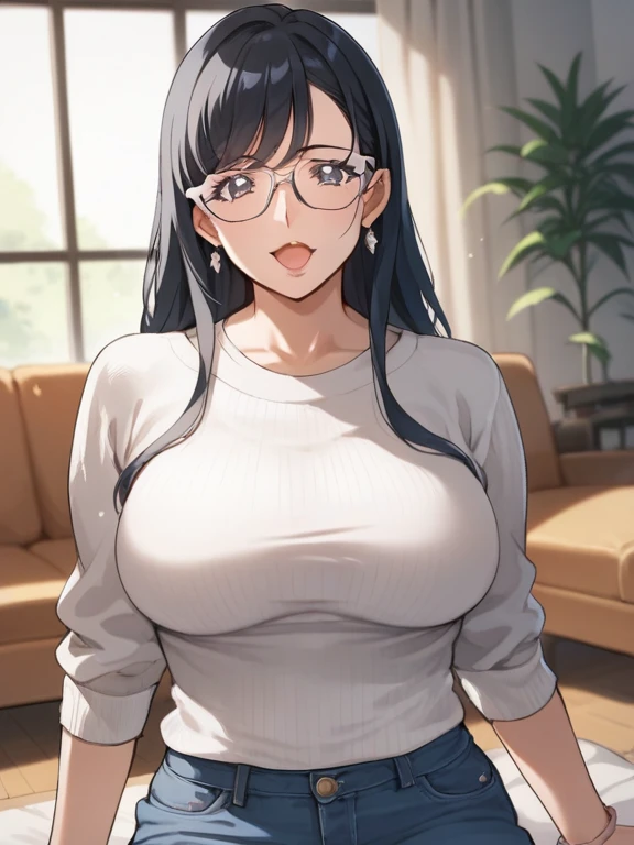 1 milf, long black hair, very big breasts, wearing glasses, blushing