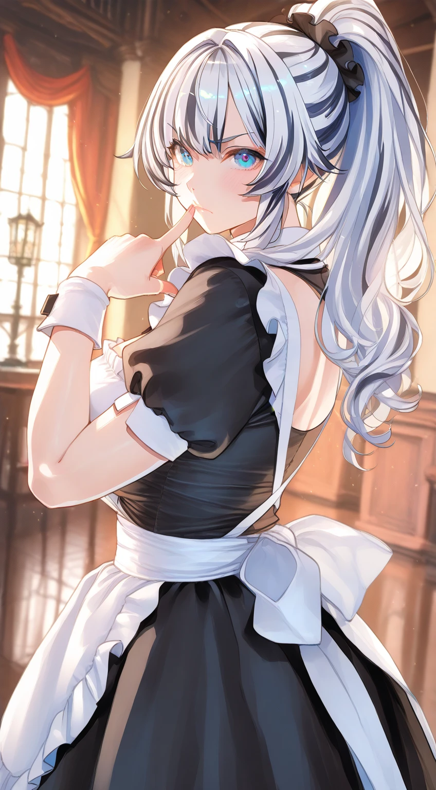 (A masterpiece of image quality in 8K),(Beautiful Allafed Woman),(((emphasizing breasts:1.1))),(Dynamic angles),(Dynamic and sexy bending pose:1.3),(sit a chair:1.1),(Short hair in shiny silver and orange inner colors,small full breasts,Disturbance of clothing due to movement,breast slip,(Ponytail twisted buns adorned with elaborate braids and beads,Braided Setup Fishbone Hair,),(see-through bangs),(perky chest:1.1), (pointed chest:1.3), small breasts、(((A white lace apron that shows your bare skin from under your small breasts)))、Blush with embarrassment、Enraptured eyes、A smile that beguiles the viewer、(Look back:1.7)、Look into the photographer,skin glistening with sweat,gazing at viewer,,(Professional Lighting),(8K,masutepiece,top-quality,Ultra-high resolution output image,),(Ultra HD with complex detail image modes),depth of fields,Beautiful hands,Beautiful fingers,Detailed finger features,(Detailed hair features:1.7),detailed facial features,detailed clothes features, (perky chest:1.1), (pointed chest:1.3),