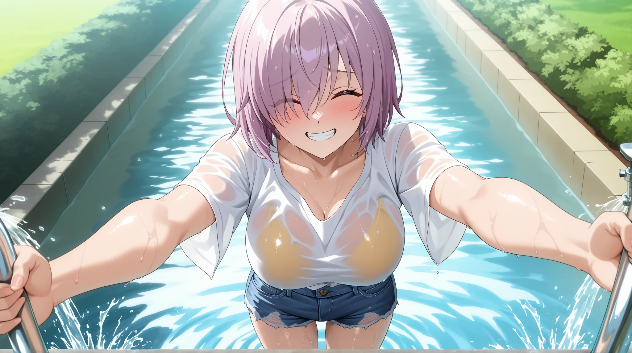 Anime short hair is a girl under , small, white skin, no pubic hair, smooth pussy, small breasts, short hair, pouring milk on the body, using fingers to poke the pussy, using the other hand to twist the nipples, putting in a glass, sticking out tongue, having sticky milk in the mouth, outside the house with many people, not wearing clothes, Naked