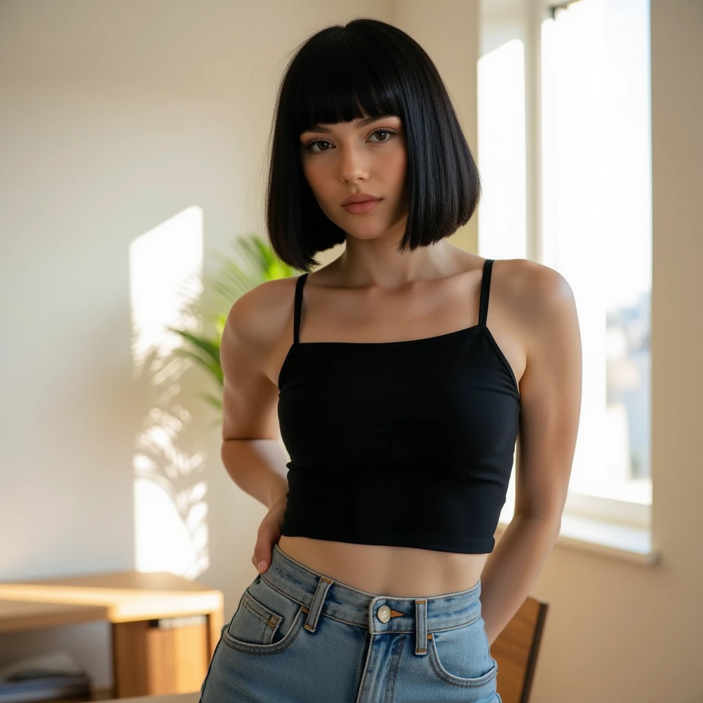 real girl, short hair, black hair, in front of a mall, facing the camera, has black eyes, wearing black tank top, blue jeans