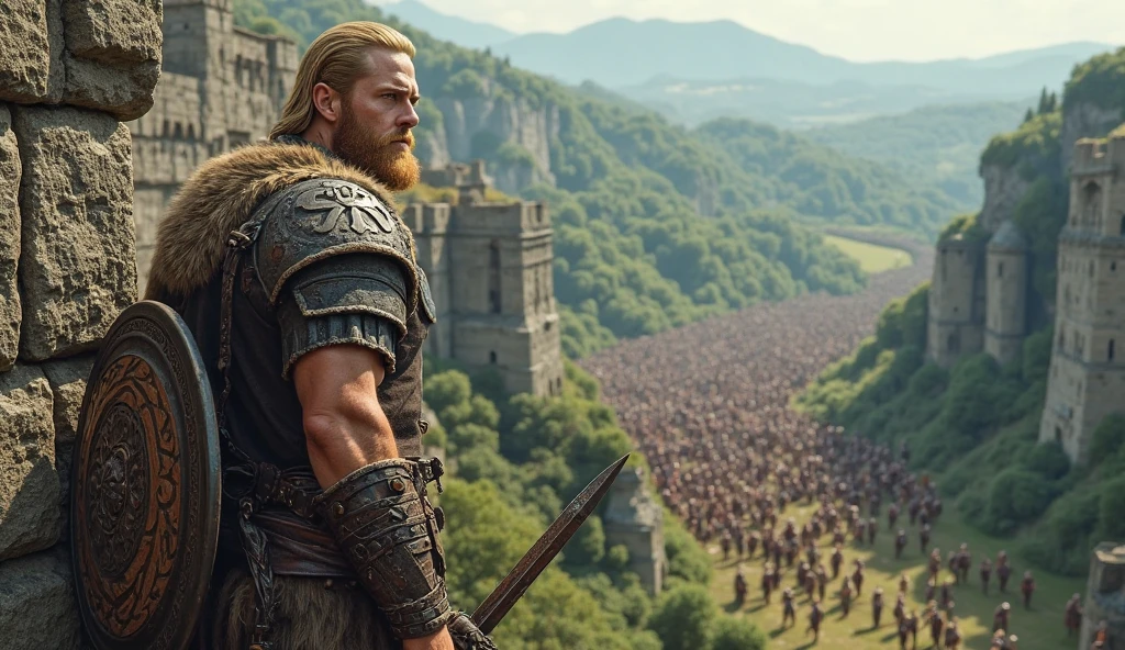 realistic, masterpiece, best quality, cinematic, dynamic lighting, soft shadow, highest detail, professional photography, detailed background, depth of field, insane details, intricate, aesthetic, detailed face, subsurface scattering, realistic hair, realistic eyes, 1boy, muscular, manly, (large pectorals:1.3), pectorals, abs, photo of a handsome male barbarian wearing leather harness armor, intricate tribal armor, fighting pose, angry, battle cry, holding weapon, sword, medieval, fantasy, rpg, blood, injury, sweat, barbarian village background, medium messy hair, blonde hair,