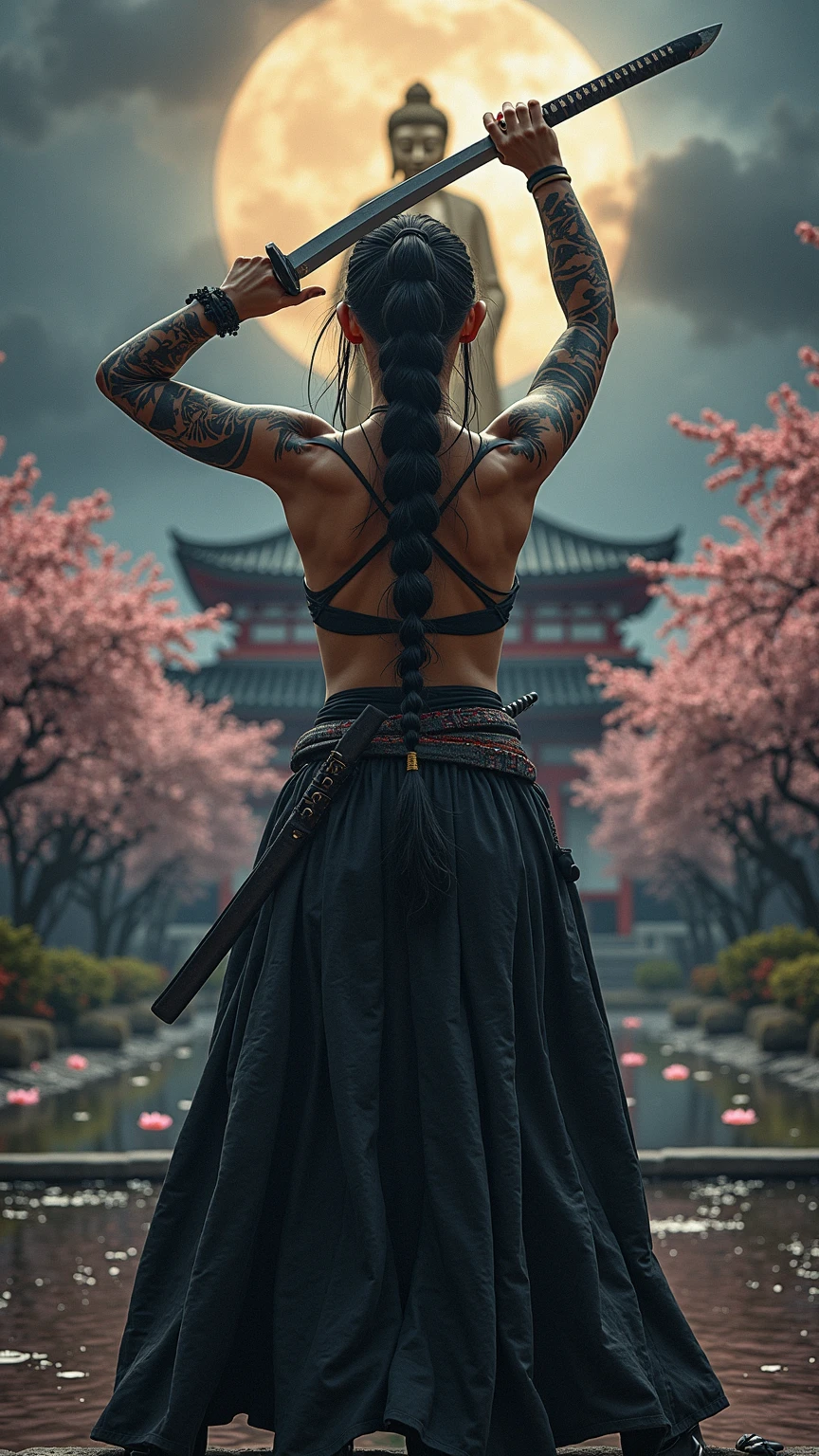 Sexy female samurai, long braided hair, black hair, golden rubber bands in the braid, black eyes, black lips, high facial details, open type samurai armour, deep neckline, huge sagging breasts, full height, back view, wide hips, bare legs, blue thong with golden straps, holding with both hands a katana stuck in the ground, grey background, on grey background Osaka tree with pink flowers, pink glade with grey grass.