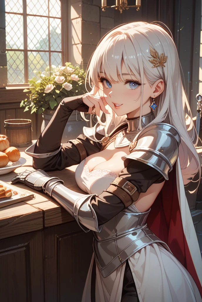 A Beautiful Women Sitting in Cafe, With Beautiful Calm Grey eyes, Silver White Hair, Clad in Silver-White Armor, she looks stunning and beautiful with Rays of sunshine falling on her face from the window, anime Style, her Body covered in Armor from neck to toe covering her whole body only her beautiful mesmerizing face is visible