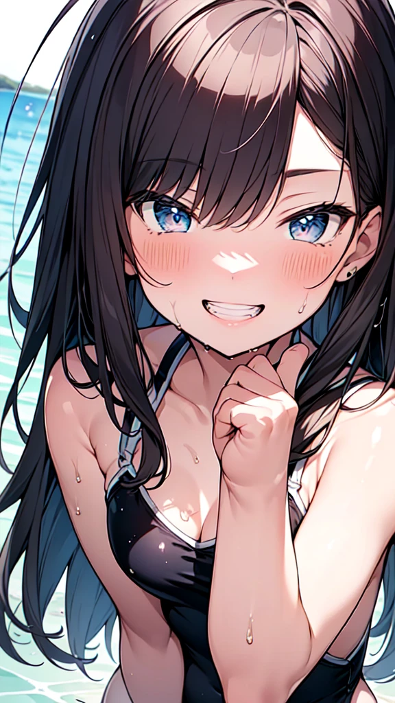 Black hair, Blue eyes, Open wide mouth, Big Smile, Naked, Sex, Cowgirl POV, Arms up, Armpit