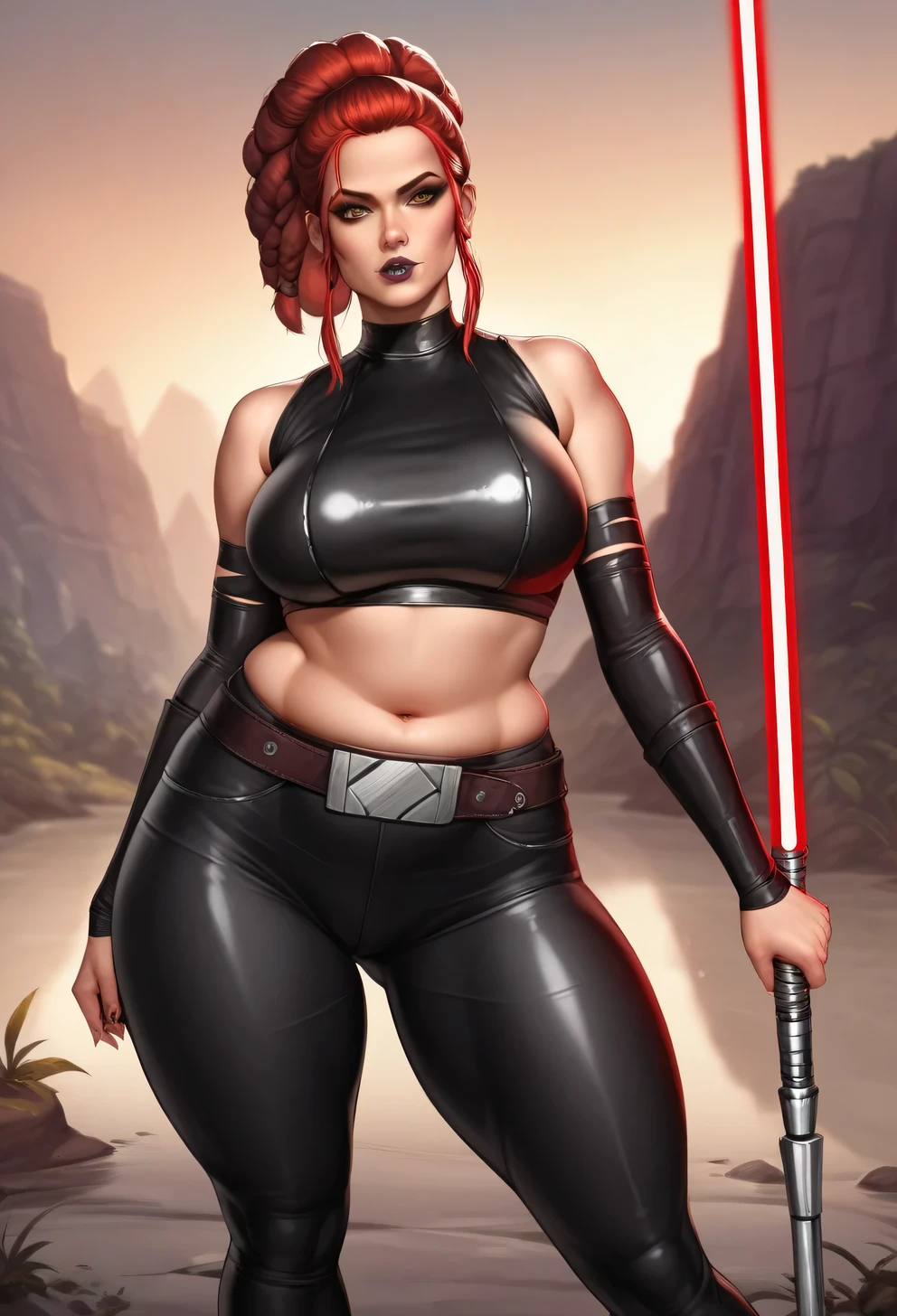1girl, lithe Twi'lek babe with gigantic tits, busty, cleavage, , masterpiece, best quality, high-definition, ((red skin), twi'lek), evil space knight, space ninja, (wearing black sports bra, leggings, ((busty)), slender body, thin, slim sexy body, slim waist, (((huge breasts)))), futuristic gym,, Star Wars, dancer,