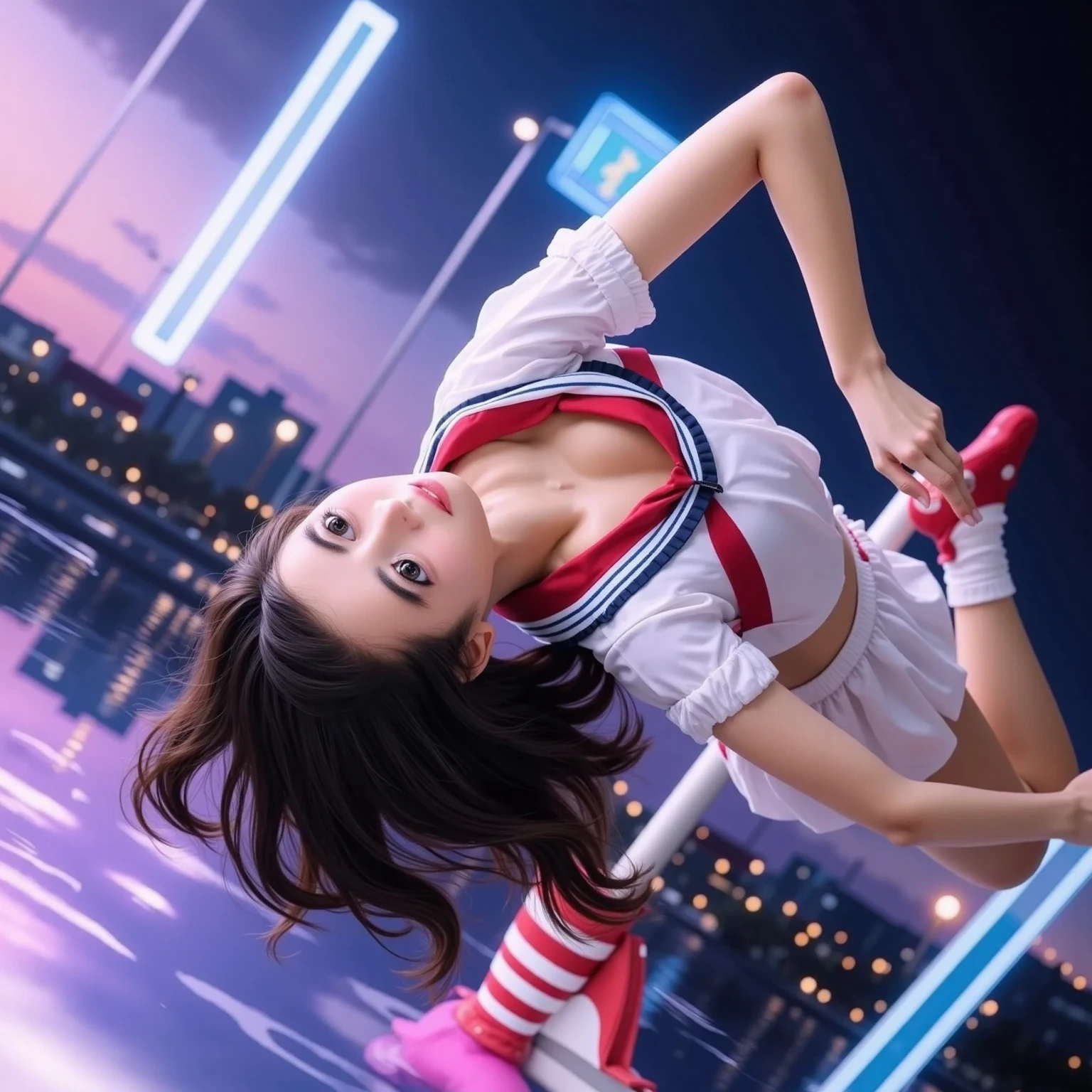 SFW, (Closeup from Crotch to Face) ExtremelyDetailed (SchoolGirl Lean against the Car) Spread Knees Up, perfect face, Brilliant(Tiny Crown), Detailed(Delicate Clothing textures) Sailor Uniform with Red Ribbon (((WhitePanties))), PerfectHand with Childish 4Fingers and one Thumb, Corrected Leg to Foot Line, ((Starry Colorful Lights at Dusk City Intersection)) ((Specular Reflection:1.32)Shiny Wet Road), ((Hidden Arm) Hidden Naked Sole) Red[High-Heels], TopQuality 8K Ultra-detailed masterpiece (ProfessionalPhoto:1.37)(Acutance:0.8)