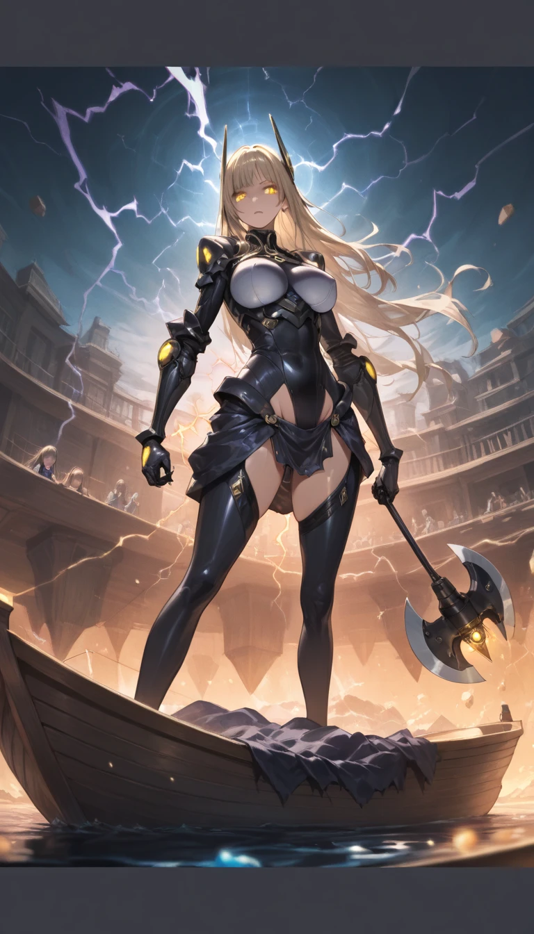 (blonde hair, long hair:1.3), pointy ears, curvy, ((anatomically correct:1.3)), heavy breathing, huge breasts, epic art, fantasy, breast press, 1girl, solo, breasts, latex body, bodysuit, sword, holding sword, shield, hodling shield, field, bokeh, hair flowing over, white_legwear, (shaded face:1.2), hollow eyes, grey eyes, looking at viewer, (heavy breathing:1.2), expressionless, glaring eyes,
