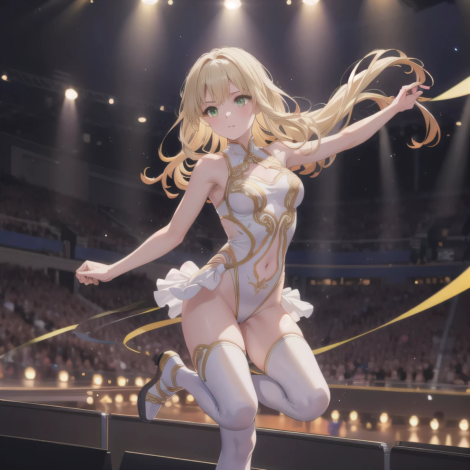 Standing with one leg raised high、No panties、 genitals are showing through、Glossy pure white rhythmic gymnastics leotard、sexy pose、no-bra、huge tit、Shiny black long hair、Shameful、Rhythmic gymnastics arena