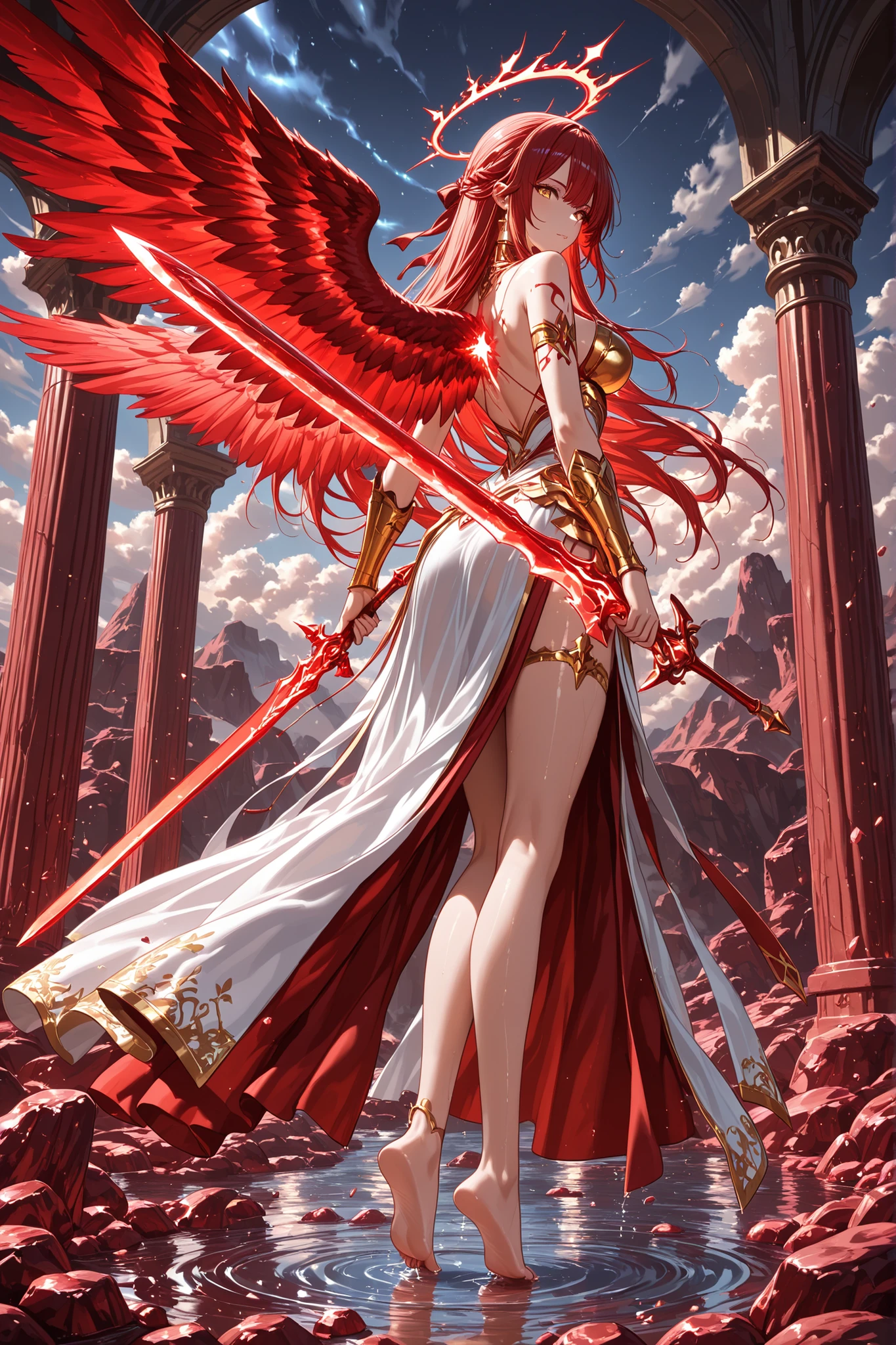 1 woman , golden eyes , very long hair , long sidelocks, red hair ,half updo, petite , very cute , beautiful ,Straight hair, cool, handsome, hair ween eyes, medium breast, cool, beautiful,  fierce beautiful red angel wings, long flowing red hair,  powerful ferocious beautiful dignified woman, red glossy lips, holding a red glowing sword, long elegant red and white armored dress, standing on her toes, red crumbling rocks floating, red stone crumbing pillars, bare feet, gold sashes and embroidery, golden tiara, red glowing halo, fury of God, fierce pose with her sword, battle fighting stance in the air, flying, red pillars of salt, swirling red and golden divine aura, beautiful sky, clouds, light rays, heavens, standing in the divine flooded valley, sparkling water, wet ground, red crumbling pillars of red salt rock, light reflecting water, ,view from behind, looking back at you, delicate lines, fine details, detailed scenery, detailed body, realistic, hyper realistic, masterpiece, 8K, ray tracing, cell shading, detailed water, detailed clothes, detailed sky, soft textures, gentle background ,, Rubric Maxim,((4k,8k,Ultra HD)),((Masterpiece :1.2)),((Best quality :1.2)),((Detailed :1.5)),((Detailed background :1.5)),AddXL
