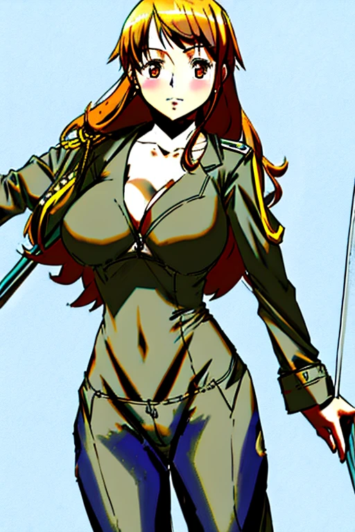 scale excel, orange hair, smile, fang, open mouth, green eyes,standing, medium breast, pants, pullover, , full body,knight armor, armore, sword holding, fantasy cyberpunk city magic, full body, big breast,curvy, flipflops