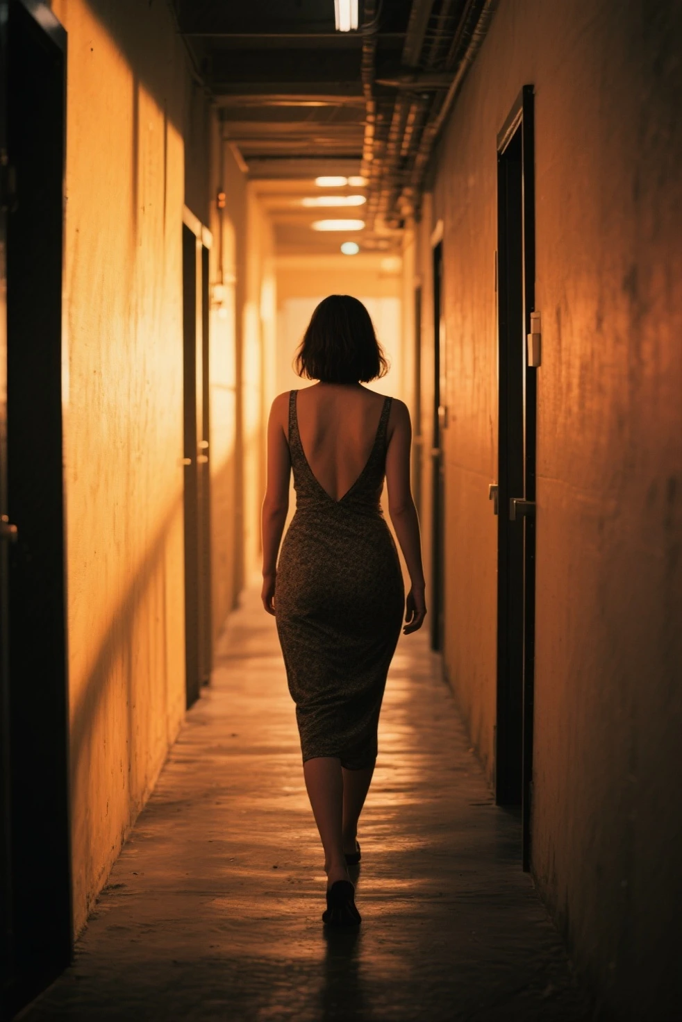 A photo of a woman in a public bath captures the charm of a tall man, Short hair and slim figure, Wearing a sexy black dress with an open back, Stand in front of graffiti-covered walls; Darkroom under neon lights, Her red lips added a hint of intrigue
