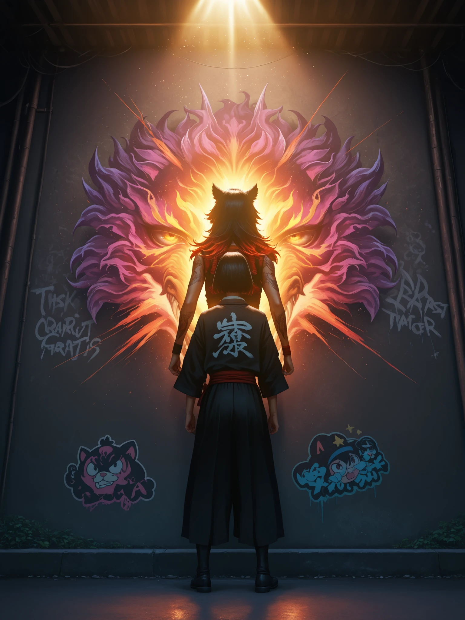 Anime girl graffiti on the wall, a samurai stands in front of a wall looking at the graffiti, high definition, detailed realistic scene, bright colors, dynamic composition, powerful theater lighting, perfect photorealistic visualization, fantasy heroic atmosphere, oil painting, masterful performance, deep detail, complex textures, HDR, 8K, detailed, rich tones, dramatic lighting, Cerberus tattoo on the girl's back