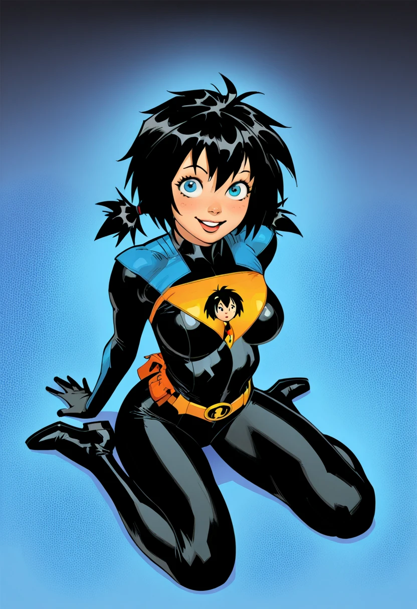 aronad, western comics (style), masterpiece, best quality, amazing quality,   qalhs,     Peni Parker, solo,  twin tails, black hair, Blue eyes, , ,  wariza,