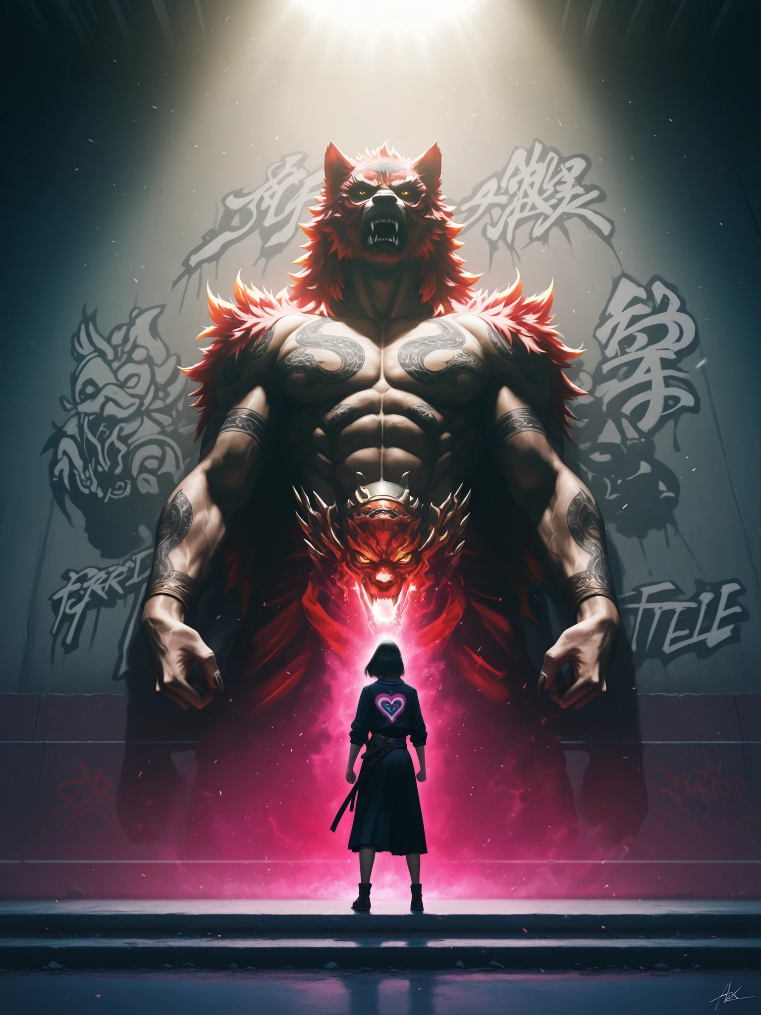 Anime girl graffiti on the wall, a samurai stands in front of a wall looking at the graffiti, high definition, detailed realistic scene, bright colors, dynamic composition, powerful theater lighting, perfect photorealistic visualization, fantasy heroic atmosphere, oil painting, masterful performance, deep detail, complex textures, HDR, 8K, detailed, rich tones, dramatic lighting, Cerberus tattoo on the girl's back