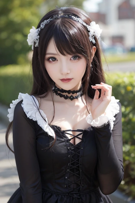 Slender style、Very small breasts、Slender eyes、Whole body from head to toe、Standing Pose、Smiling、Looks happy、Wearing Gothic Lolita black clothes