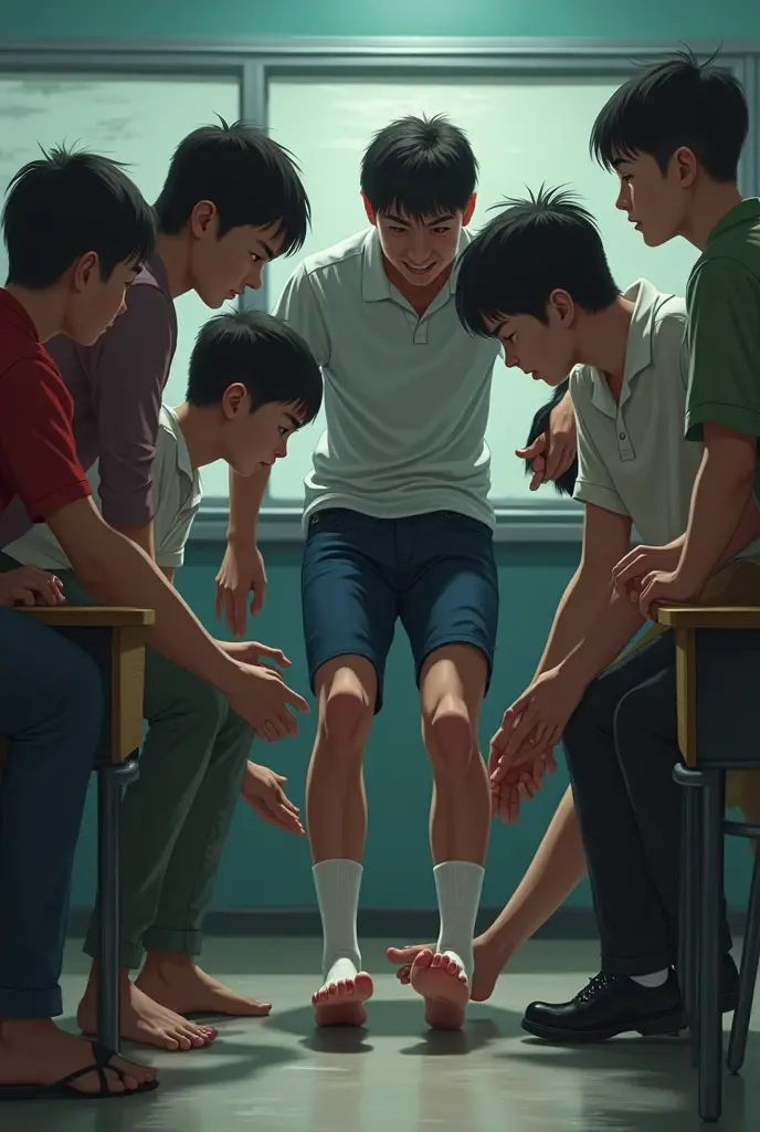 The bullies take off the shoes of their male classmates in the empty classroom of the school, and the bullies tickle the boy's feet, they all tickle