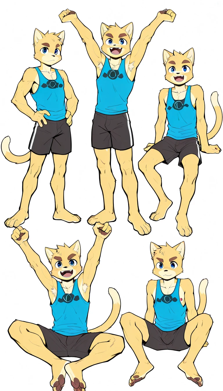 score_9, score_8_up, score_7_up,
full length, high quality, hires, anthro, male, teenager, 16 years old, domestic cat, yellow fur, blue eyes, slender body, chiseled v-line, low shorts, white background, treasure trail, flexing arms, armpit hair