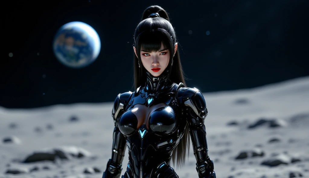 Top quality, delicate face, 25 year old girl, slim body, metal body, shiny body, big, metal structure skeleton, night, standing position, beach, huge spaceship floating in the air, cyberpunk, sci-fi, full moon, ruined buildings