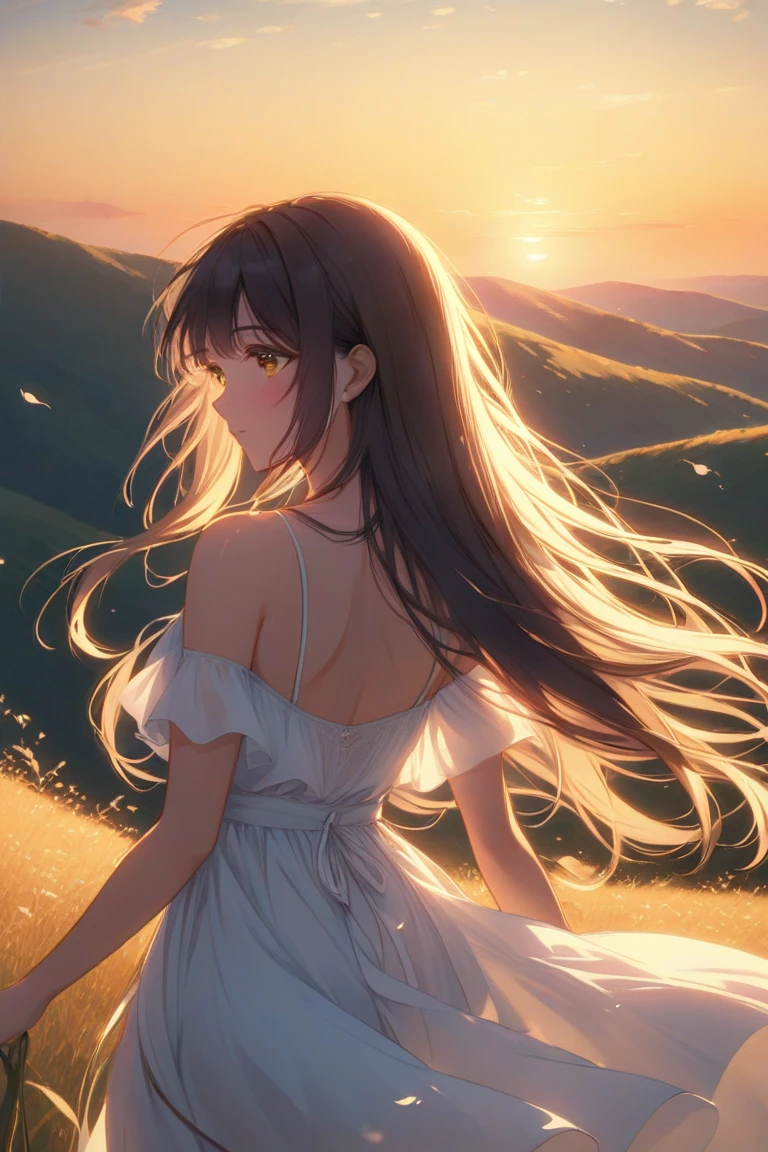 masterpiece, best quality, (stargazing:1.2), (twinkling stars:1.3), (shooting star:1.4), (constellations:1.2), (crescent moon:1.3), silhouette of a young girl, peaceful, contemplative expression, (long hair blowing in the wind:1.2), (mystical atmosphere:1.1), (sparkling dress:1.1), (soft light:1.2), from behind the girl, looking up at the sky.