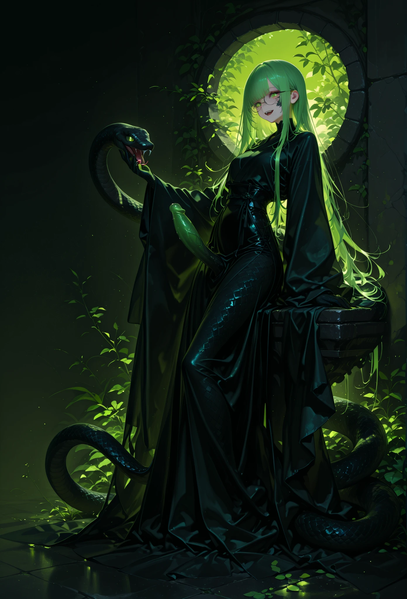 Medusa, the Serpent Queen, is adorned in a sleek, dark green armor made of scales that shimmer with an eerie, iridescent light. Her hair is a writhing mass of living snakes, each one hissing and coiling with a life of its own. Her eyes, a piercing shade of venomous green, glow menacingly, capable of turning anyone who meets her gaze to stone. Her lower body is that of a massive serpent, covered in gleaming, emerald scales, allowing her to move with a swift and deadly grace. Intricate, snake-themed tattoos wind around her arms, glowing softly with an otherworldly power, and she wields a pair of curved, venom-coated daggers that glint malevolently in the light.