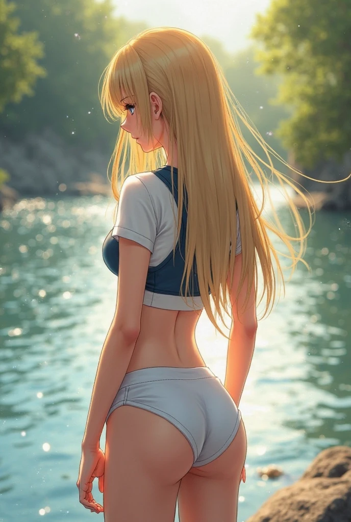 "the Extremely Detailed CG Unity 8K Wallpapers，tmasterpiece，Best picture quality，【😊Colored Forest，depth of fields，Lots of splashing droplets:1.2，petals，Toys surround，ventania，Foliage，grassy fields，volumettic light】blond hairbl，Be red in the face，ssmile，Half of your body  in water，naruto，Ino，bangs cover one eye，fat，looks into camera，sea beach, ​​clouds，sandbeach，((ass)), ((very thin waist)), ((bright blue tank top)), 