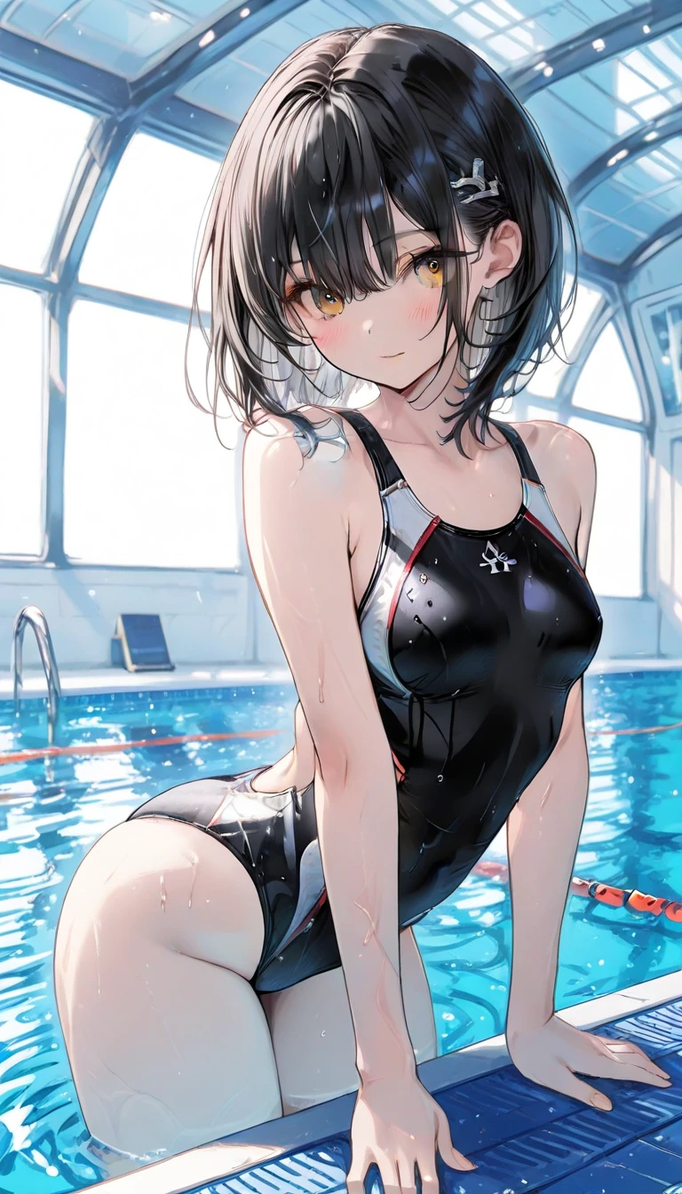 sfw,Japanese woman, beautiful girl, gal,((Black competitive swimsuit)),((breast focus shot)),Beautiful Eyes、short bob,baby face, highest quality realistic skin, eyes in focus, 20 years old, (((sexy pose))),((My whole body is wet)),((Dimly lit shower room))