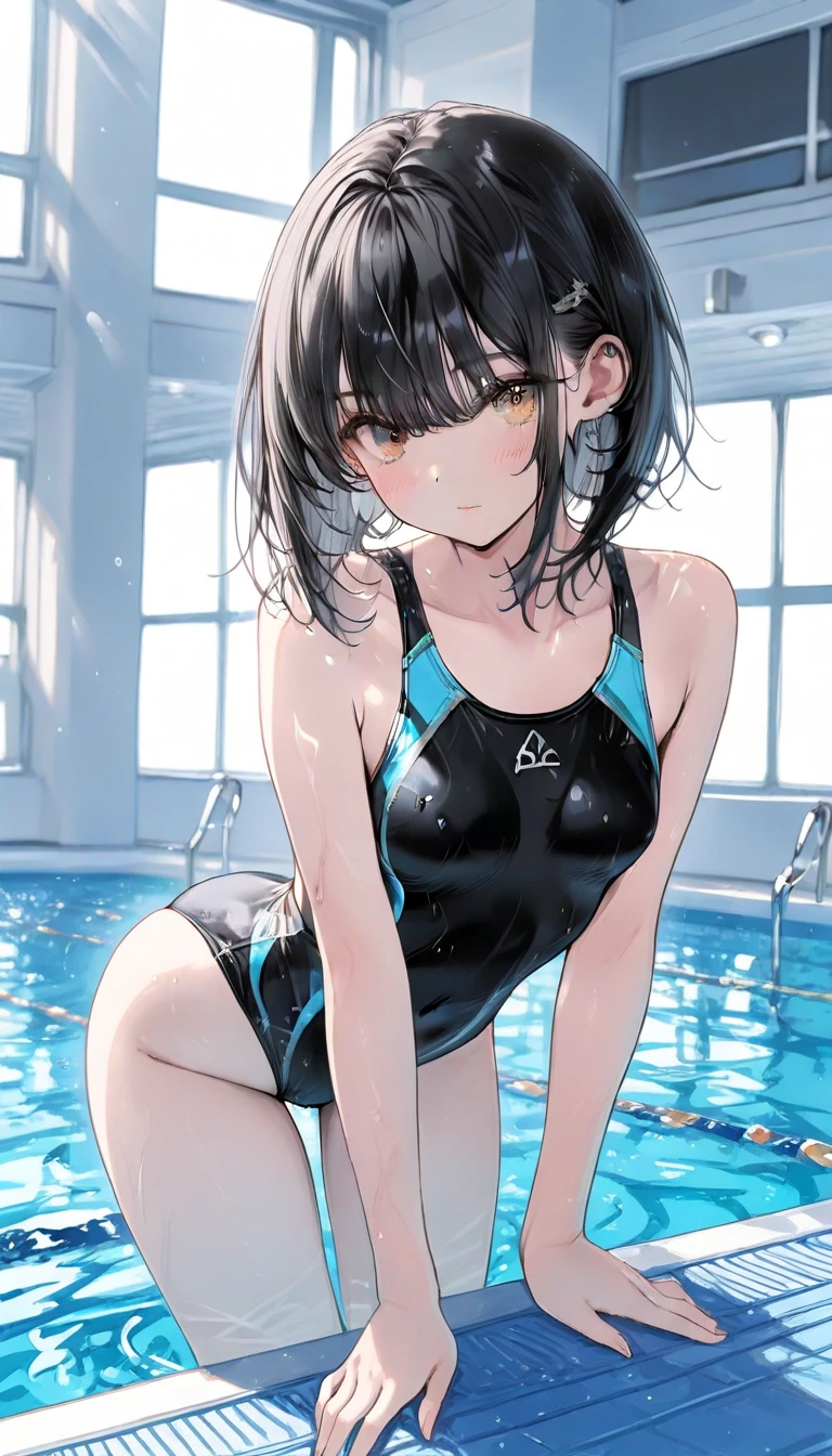 Super high quality by the art god, super detailed, High resolution, AI generated, anime moe art style, best anime 8K konachan wallpaper, pixiv contest winner, perfect anatomy, break,1 girl, (alone,lolita, , 13 years old:1.3),All limbs,full finger, Slender beauty, (very short hair), wet and messy hair, flat chest, small ass,small eyes,beautiful detailed black eyes,expressive eyes,between legs,blue school swimsuit, She stands by the pool,(detailed lighting), (detailed background), (school pool),break,super dense skin, Best lighting by famous artists, 8K, figure,UHD, rough skin