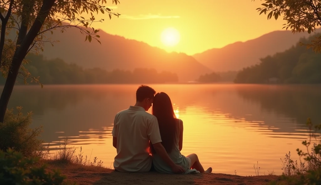 A man and a woman sitting in front of a lake, he has his head resting on the shoulder of , romantic scene, surrounded by flowers, gram, and the sunrise reflecting on the lagoon.