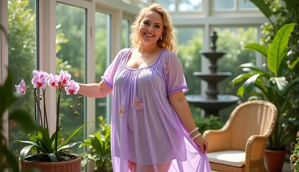 A beautiful and hot almost chubby mature  woman with big butt.who wears a long pink Arabic dress with lace-like sleeves designed on it. And standing in the yard of a big house next to the pool. A smiling face.