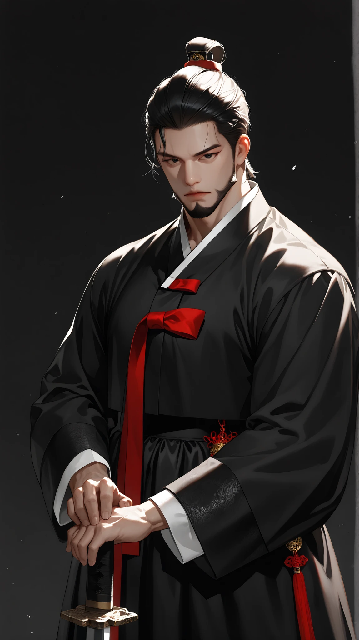  very aesthetic, 걸작, 고해상도, 8k 해상도, high contrast, (semi-realistic), newest, koreanai, best_quality, finely_detailed_eyes_and_detailed_face, (1 man), solo, (masculine:1.3), (black_eyes), (beard:1.2), short_cut, topknot,(slicked_back:1.5), (black_hanbok, black_clothes, hanbok), wide_sleeves, fighting_stance,brave perspective, both_hands_holding sword, beautiful,  pretty, (standing, black_background), looking_at_viewer, front_view,  cowboy_shot, (strongman waist), (muscular:1.2), black_hair, expressionless 