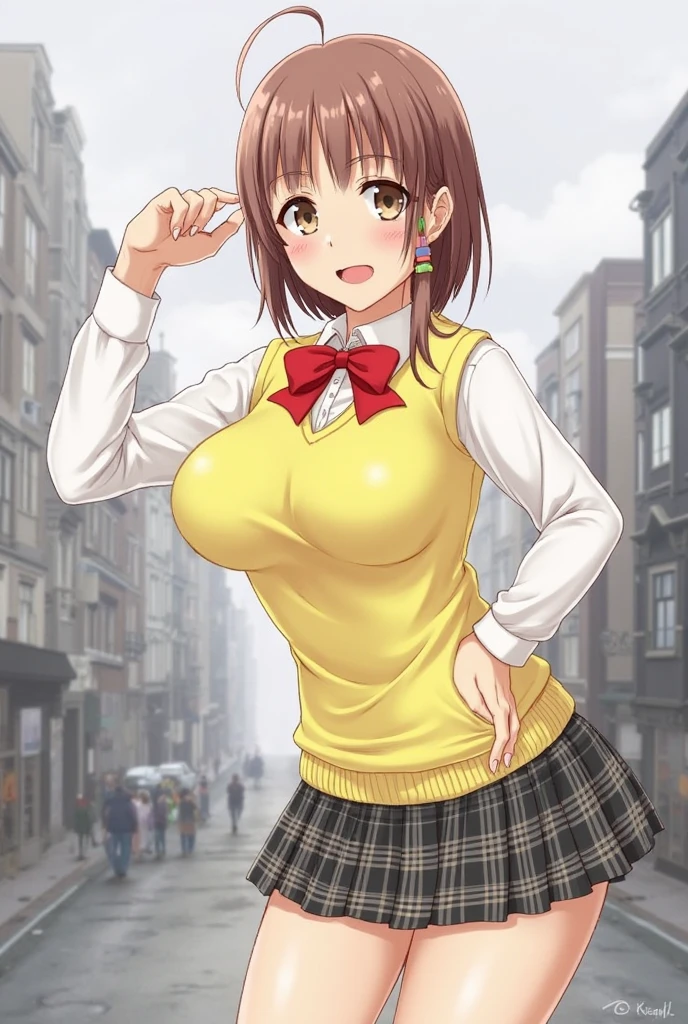 masterpiece, Highest quality, High resolution, Ariko, short hair, Brown eyes, , Blue bow tie, blazer, Yellow Jacket, Long sleeve, Checked skirt, Green Skirt, running, Sweat, Outdoor, road,Nipples are visible、Completely naked