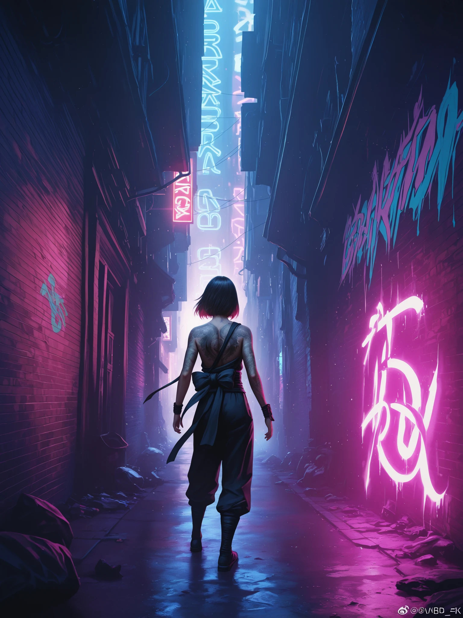 Anime girl graffiti on a wall in an alley, a samurai stands in front of a wall looking at the graffiti, high definition, detailed realistic scene, bright colors, dynamic composition, powerful theater lighting, perfect photorealistic visualization, fantasy heroic atmosphere, oil painting, masterful performance, deep detail, complex textures, HDR, 8K, detailed, rich tones, dramatic lighting, Cerberus tattoo on the girl's back