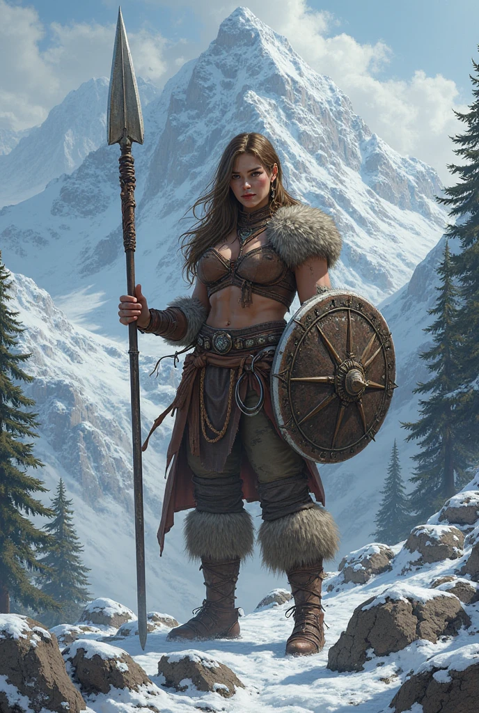 Mickie James as a DnD character, female barbarian, long flowing hair, fierce expression, holding a large battle axe, standing in a snowy forest, dark grey cloudy sky, cold atmosphere, fantasy medieval landscape, (best quality,4k,8k,highres,masterpiece:1.2),ultra-detailed,(realistic,photorealistic,photo-realistic:1.37),highly detailed face, muscular build, fur-lined armor, snow covered trees, moody lighting, dramatic poses, cinematic camera angle, muted color palette