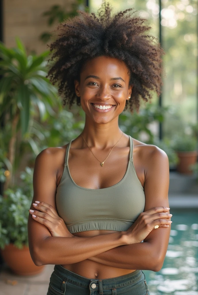 A photo of a confident woman with short, curly hair, dressed in workout attire. She is stretching on a yoga mat in a lush green park surrounded by tall trees. The park has a serene pond with ducks gliding across the water. The gentle breeze rustles the leaves, creating a calming atmosphere. Camera is positioned at a low angle, capturing the woman's determination and highlighting the surrounding nature.
<lora:add_detail:1>