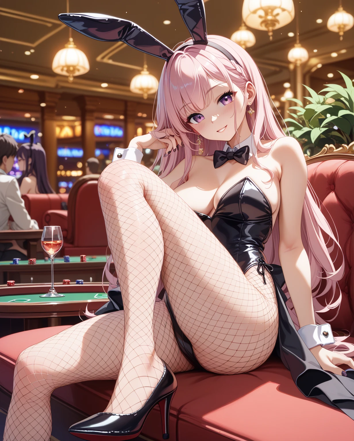 Bunny girl in the casino,emilia, Emilia re:zero, white hair, crown braid, purple eyes, hair ornament, Clamp your legs,There is a on the body,Milk flows from the breast,Wear restraints,The skin is covered with dark fur,furred,rabbitears,Fluffy tail,long whitr hair,whaite hair,Wide buttock,sweat leggs,humidity,Flush