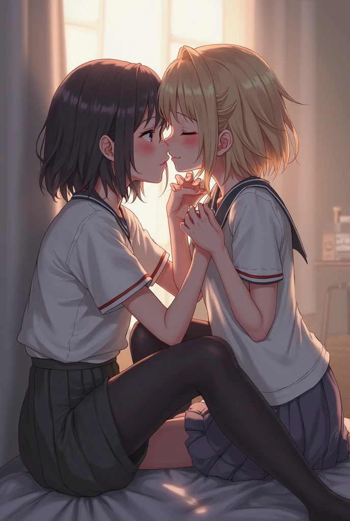 Two people, a teacher and a high school girl、beautiful、Lesbian、kiss、Hugging each other、classroom、lily、Short Bob、Sweat