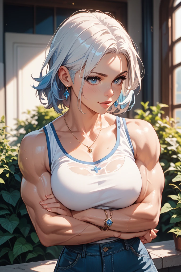actual, 1 girl, white hair, blue eyes, glowing eyes, crop top, skirt, open lips, blush, Gym, flowers, night, moonlight, abdominal muscles, muscle , biceps