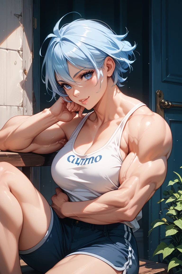 masterpiece,best quality,best resolusion,1 girl,2heads,shiroko character,detailed,conjoined twins,has two wolf ears on top of the head, has a round blue circle of light,short silver hair,blue hair ornament,blue eyes,wearing a tight dark blue women's swimsuit,normal breasts,beach background,beautiful face,beautiful eyes,beautiful body,beautiful hand,beautiful hair, ((running)), ((jogging)), (extremely muscular:1.4)