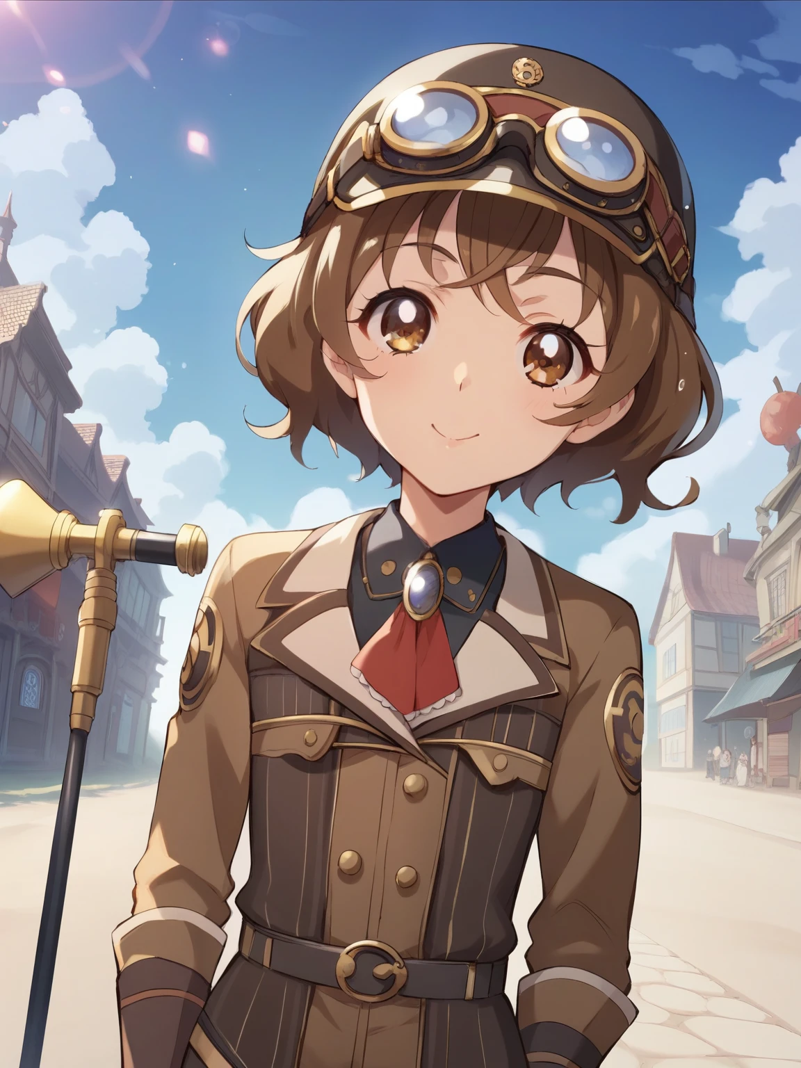 score_9, score_8_up, score_7_up, sauce_Anime，nsfw，Animeスタイル，cute young age girl，Babyface，Short Height，flat chested，Petite，skinny，steampunk style work suit，helmet with steampunk style goggles，brown hair，Blade on one side、I have a hammer that is as big as your steampunk height、hammer has tools、background is downtown at night、big leather gloves with protective gear，glitter，fisheye lens:1.3，precure style，  Depth of Subject  ，